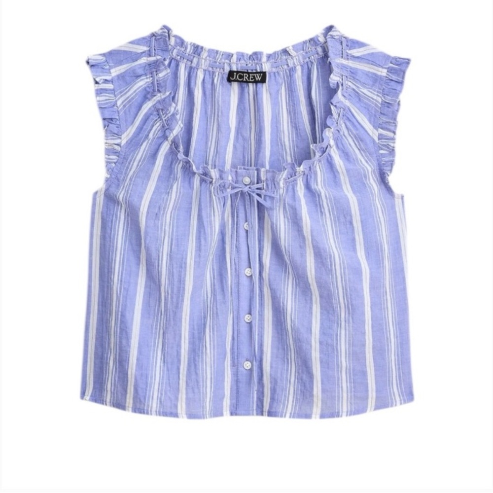 Jcrew ruffle trim button up tank in blue and white stripe